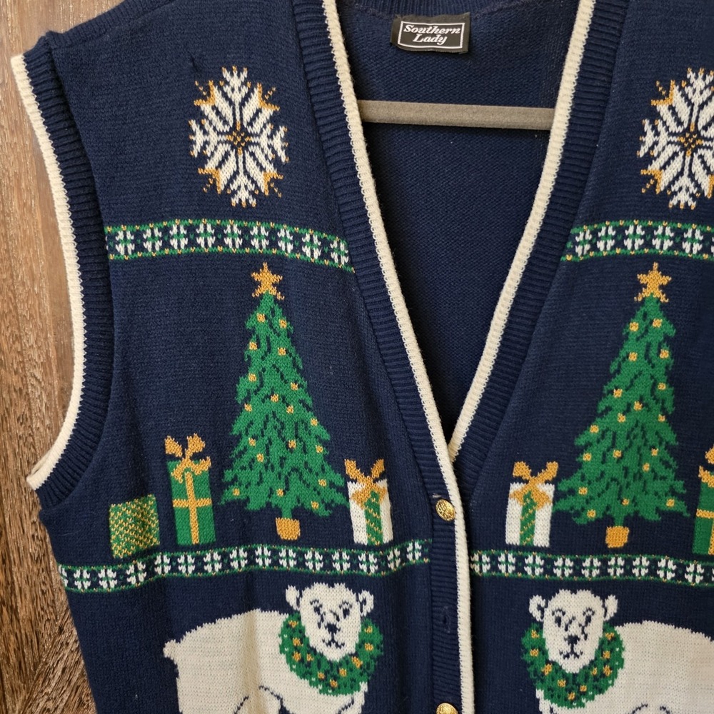 Southern Lady Sweater Women's Navy Blue Holiday Print Polar Bears Christmas Vest - Picture 2 of 6